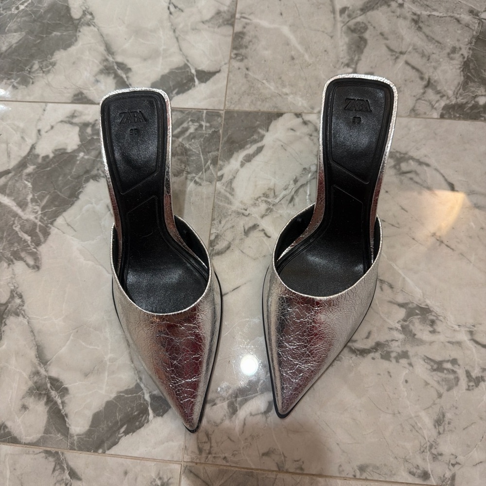 Metallic Silver Heeled Mules
